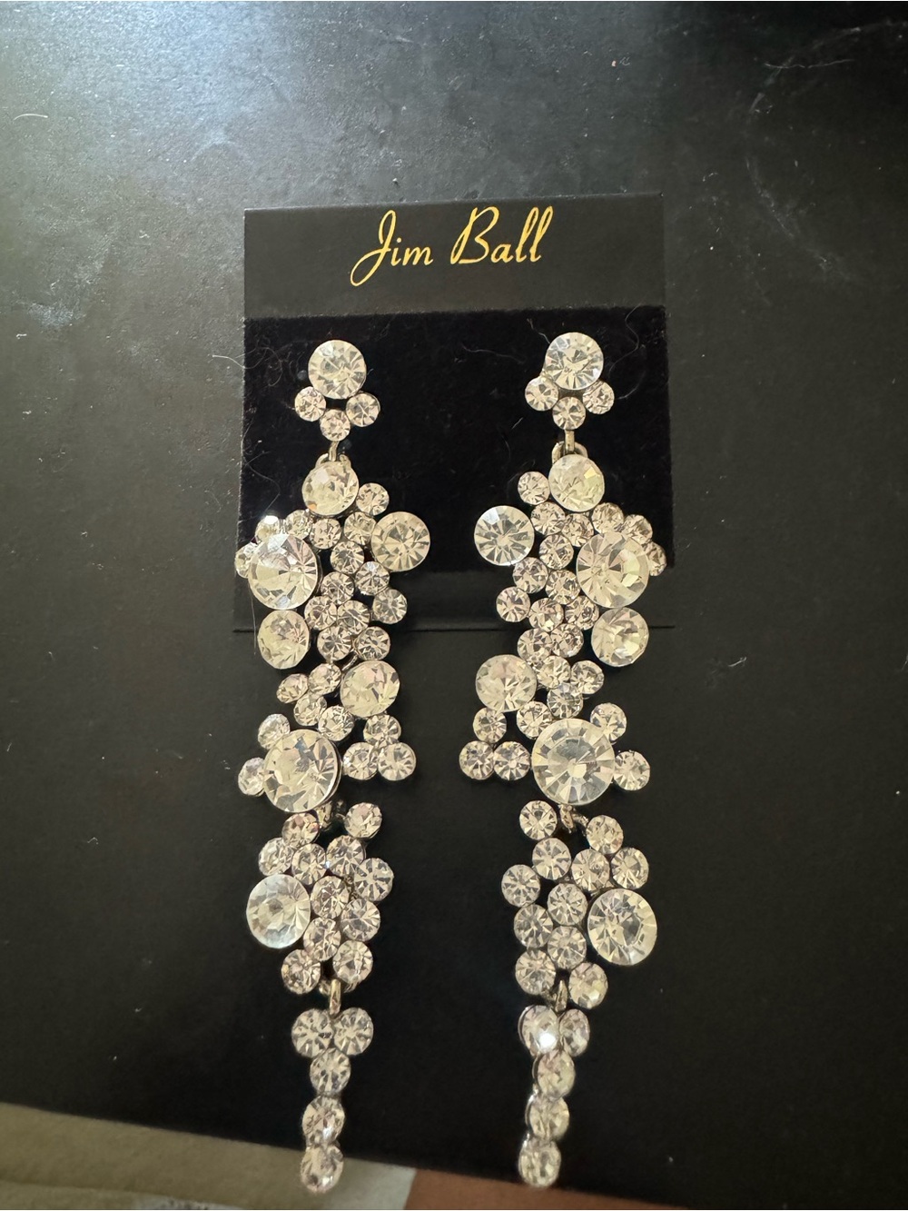 Jim Ball Clear Crystal Long Drop Earrings - Silver Tone